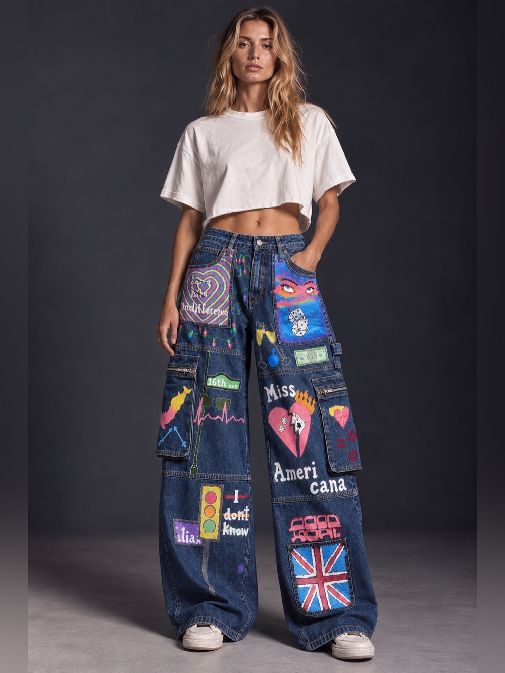 One-of-a-Kind Hand Painted Y2K Wide Leg Cargo Jeans
